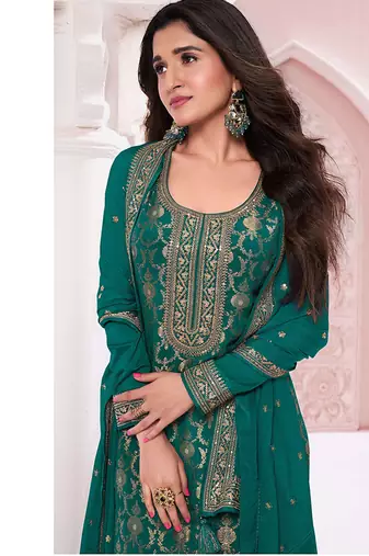 Dark green faux chinon  embroidered readymade salwar kameez