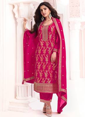 Rani pink faux chinon  embroidered readymade salwar kameez 1