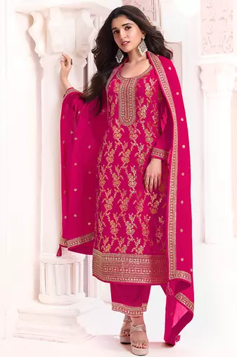 Rani pink faux chinon  embroidered readymade salwar kameez