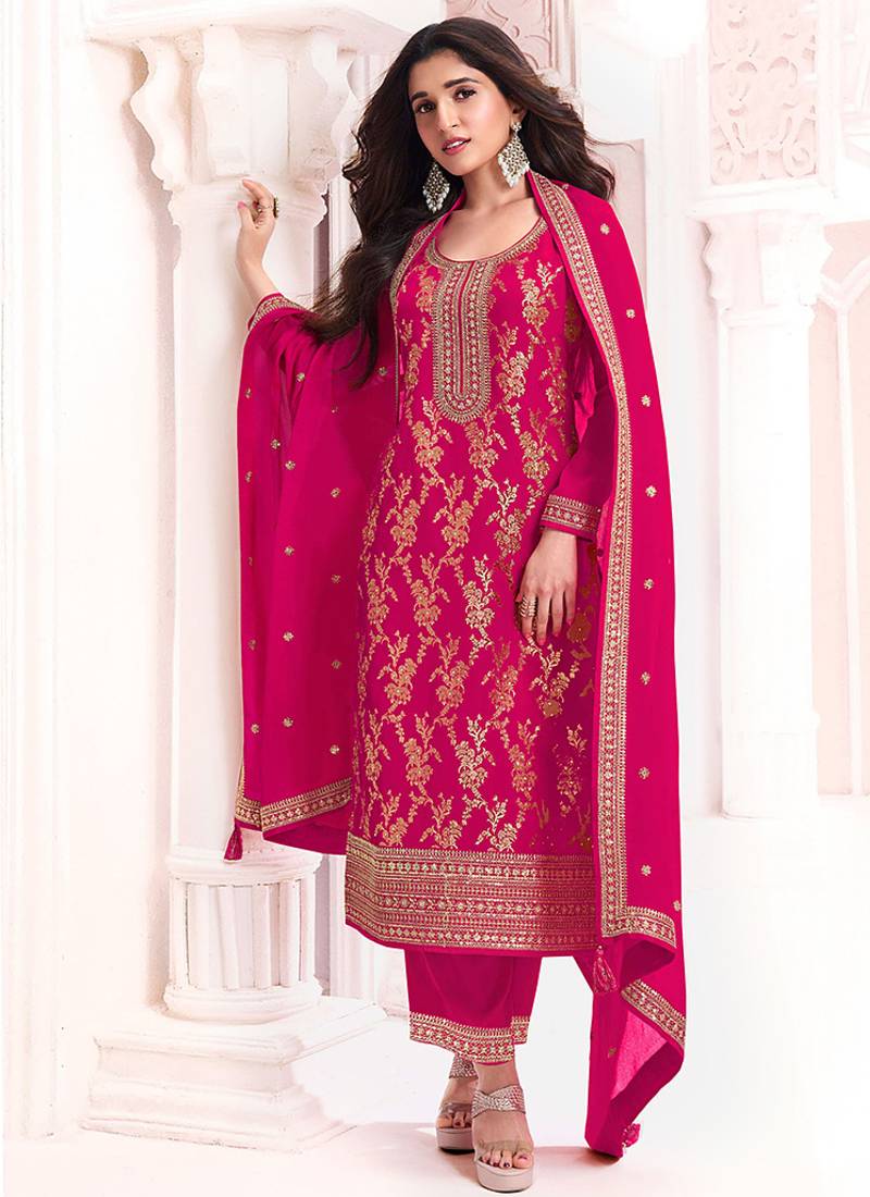 Rani pink faux chinon  embroidered readymade salwar kameez