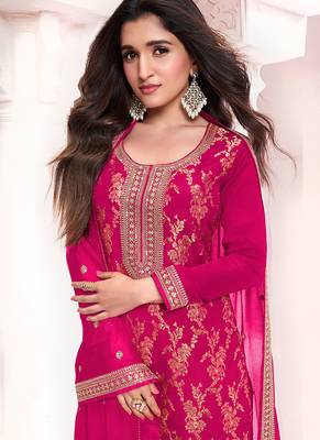 Rani pink faux chinon  embroidered readymade salwar kameez 2