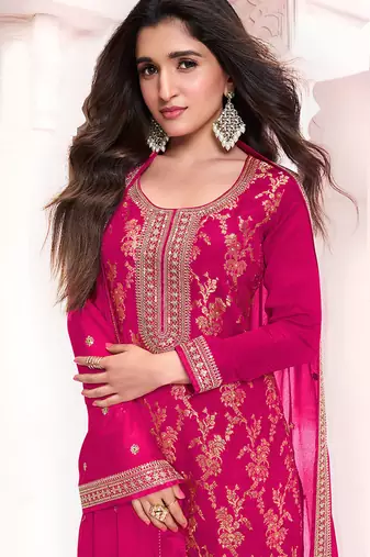 Rani pink faux chinon  embroidered readymade salwar kameez