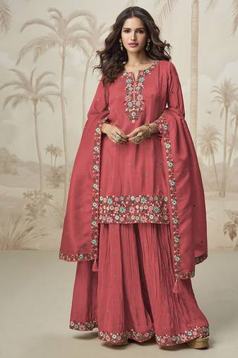 Salmon roman simar silk blend embroidered readymade salwar kameez