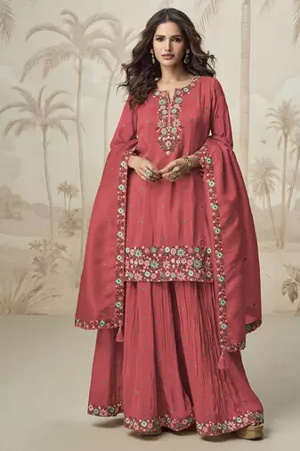 Salmon roman simar silk blend embroidered readymade salwar kameez