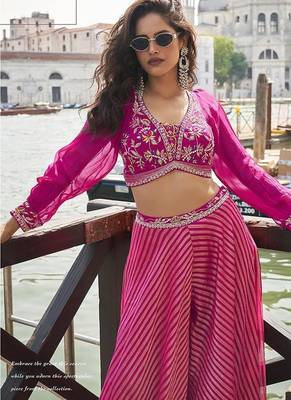 Rani pink viscose jacquard silk embroidered readymade top with palazzo 2