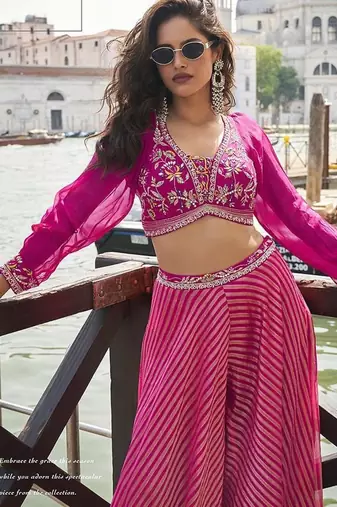 Rani pink viscose jacquard silk embroidered readymade top with palazzo