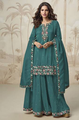 Teal roman simar silk blend embroidered readymade salwar kameez