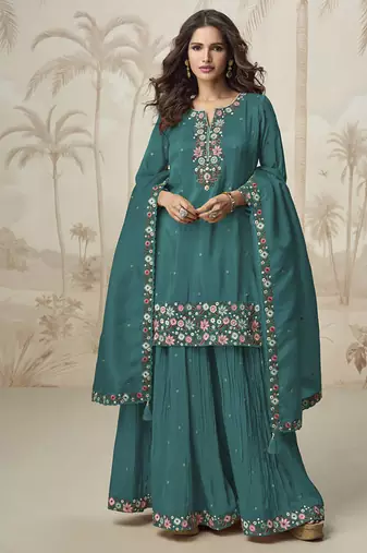 Teal roman simar silk blend embroidered readymade salwar kameez