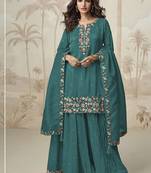 Teal roman simar silk blend embroidered readymade salwar kameez