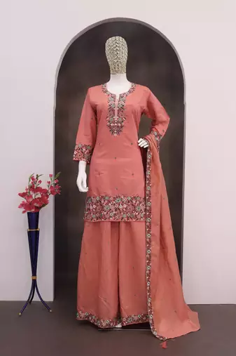 Salmon roman simar silk blend embroidered readymade salwar kameez