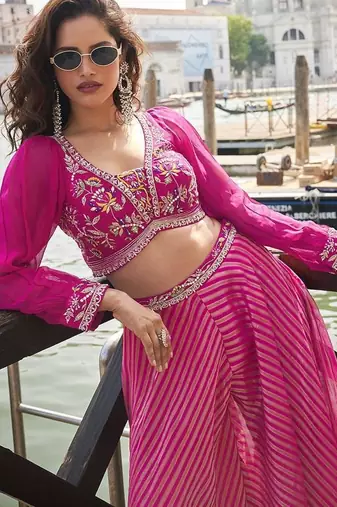 Rani pink viscose jacquard silk embroidered readymade top with palazzo