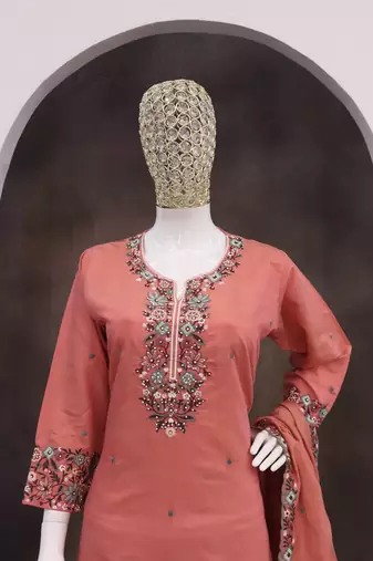 Salmon roman simar silk blend embroidered readymade salwar kameez