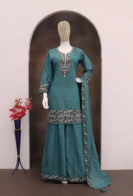 Teal roman simar silk blend embroidered readymade salwar kameez 2