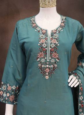 Teal roman simar silk blend embroidered readymade salwar kameez 3