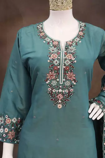 Teal roman simar silk blend embroidered readymade salwar kameez