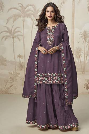 Wine roman simar silk blend embroidered readymade salwar kameez