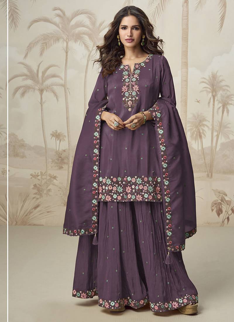 Wine roman simar silk blend embroidered readymade salwar kameez