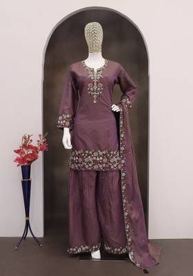 Wine roman simar silk blend embroidered readymade salwar kameez 2