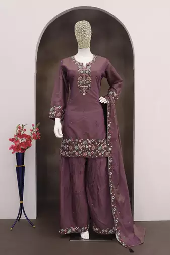 Wine roman simar silk blend embroidered readymade salwar kameez