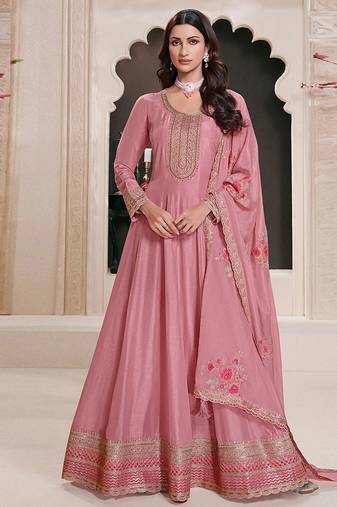 Pink silk blend embroidered readymade salwar kameez