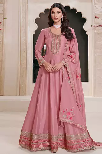 Pink silk blend embroidered readymade salwar kameez