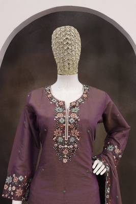 Wine roman simar silk blend embroidered readymade salwar kameez 3