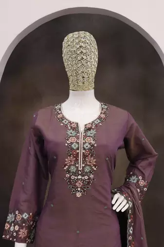 Wine roman simar silk blend embroidered readymade salwar kameez