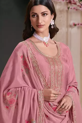 Pink silk blend embroidered readymade salwar kameez