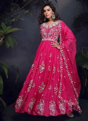 Rani pink faux chinon silk  embroidered readymage anarkali gown with dupatta 1