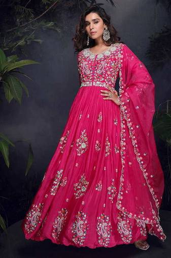 Rani pink faux chinon silk  embroidered readymage anarkali gown with dupatta