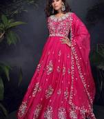 Rani pink faux chinon silk  embroidered readymage anarkali gown with dupatta