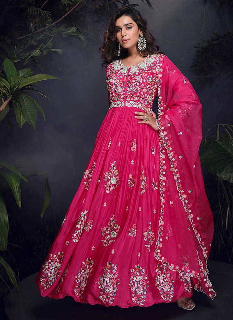 Rani pink faux chinon silk  embroidered readymage anarkali gown with dupatta