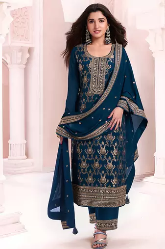 Navy blue faux chinon  embroidered readymade salwar kameez