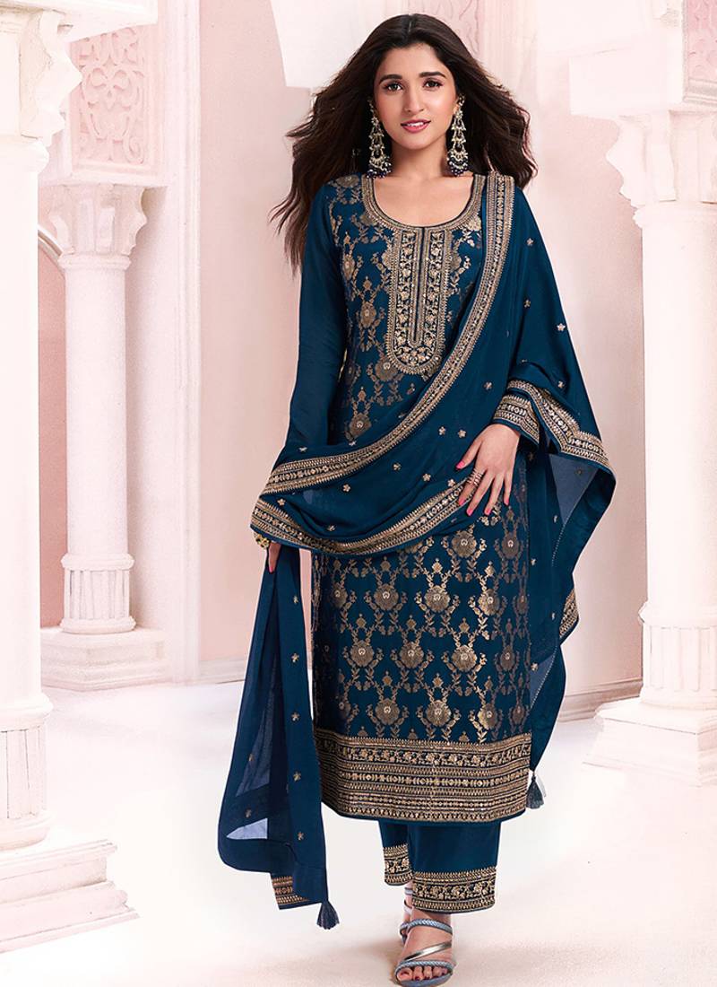 Navy blue faux chinon  embroidered readymade salwar kameez