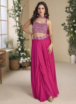 Rani pink embroidered faux chinon silk readymade top & palazzo set with dupatta 1