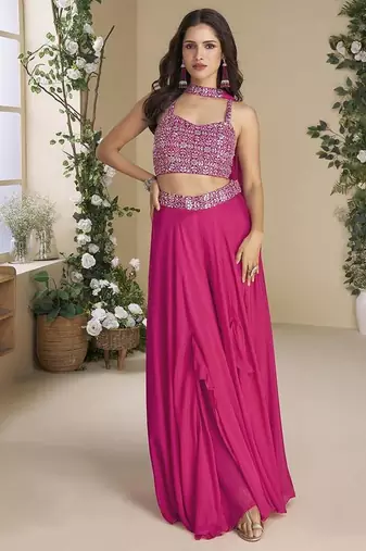 Rani pink embroidered faux chinon silk readymade top & palazzo set with dupatta