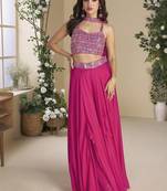Rani pink embroidered faux chinon silk readymade top & palazzo set with dupatta