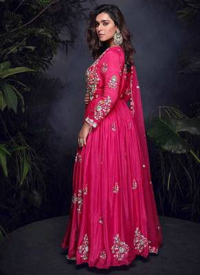 Rani pink faux chinon silk  embroidered readymage anarkali gown with dupatta 2