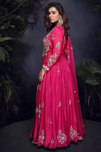 Rani pink faux chinon silk  embroidered readymage anarkali gown with dupatta