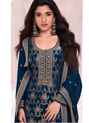 Navy blue faux chinon  embroidered readymade salwar kameez 2