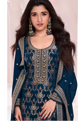 Navy blue faux chinon  embroidered readymade salwar kameez