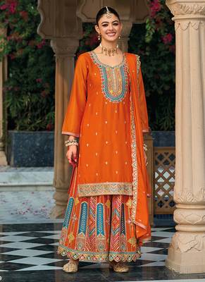 Orange faux chinon embroidered readymade salwar kameez 1