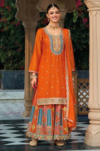 Orange faux chinon embroidered readymade salwar kameez