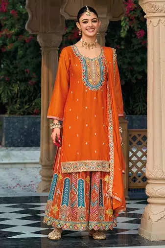 Orange faux chinon embroidered readymade salwar kameez