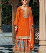 Orange faux chinon embroidered readymade salwar kameez
