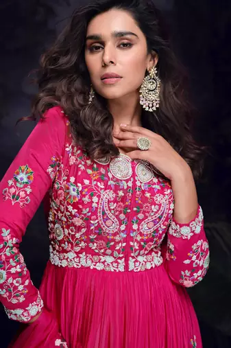 Rani pink faux chinon silk  embroidered readymage anarkali gown with dupatta