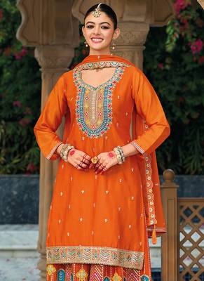 Orange faux chinon embroidered readymade salwar kameez 2