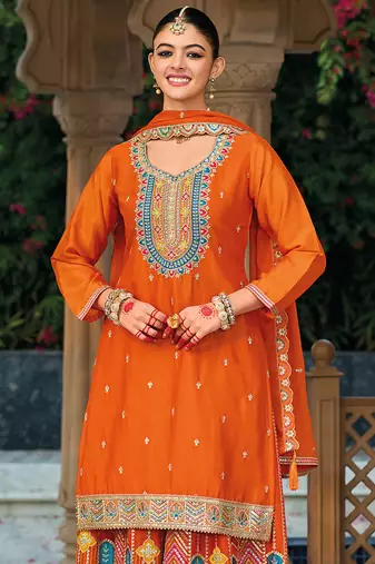 Orange faux chinon embroidered readymade salwar kameez