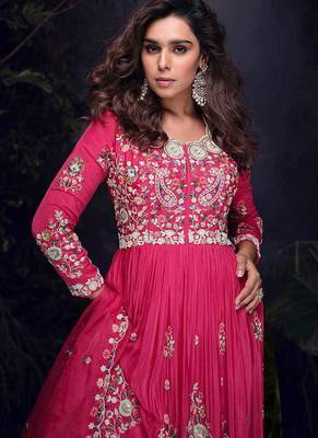 Rani pink faux chinon silk  embroidered readymage anarkali gown with dupatta 4