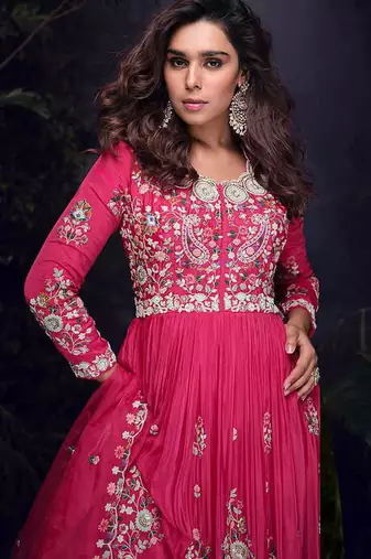 Rani pink faux chinon silk  embroidered readymage anarkali gown with dupatta